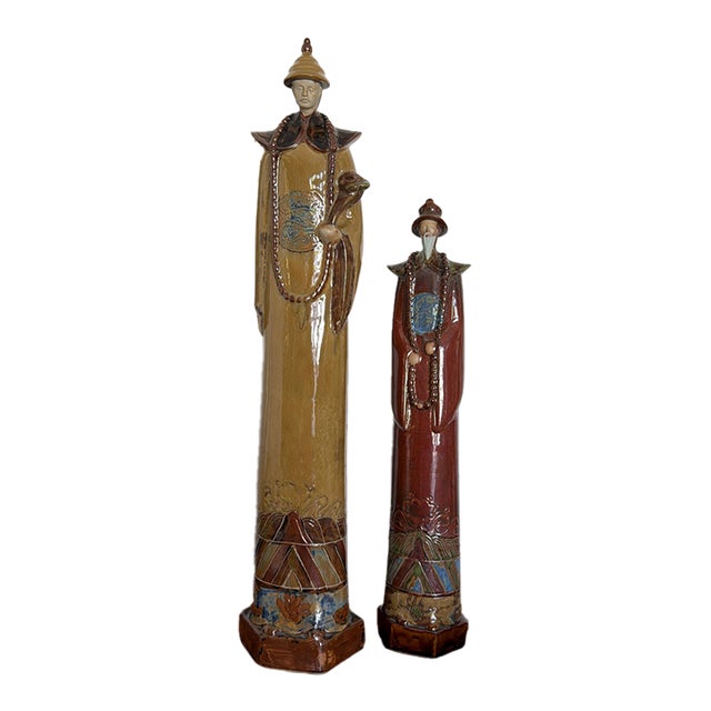 Mid 20th Century Pair of Monumental Asian-Inspired Glazed Ceramic Court Figures For Sale