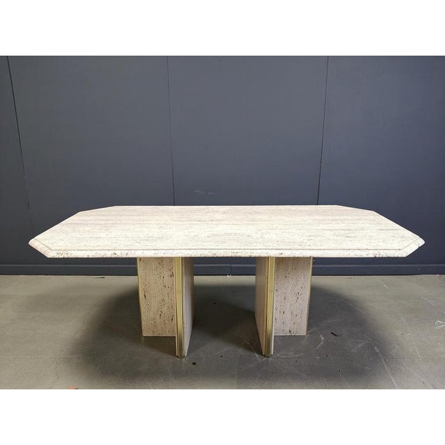 Vintage Italian Travertine and Brass Dining Table, 1970s For Sale - Image 12 of 14