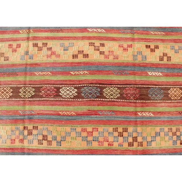 Blue Mid 20th Century Large Multicolored Vintage Turkish Kilim Rug With Geometric Shapes and Stripes Design For Sale - Image 8 of 13