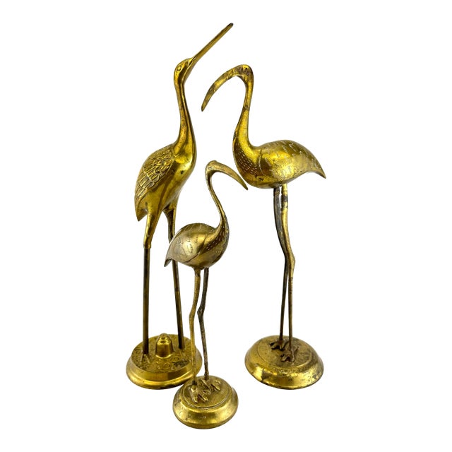 Vintage Mid Century Tall 19-Inch Brass Crane Sculptures, Set of 3 For Sale