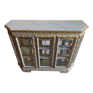 Ornate Gold & Silver Gilt Curio Cabinet With White Marble Top For Sale
