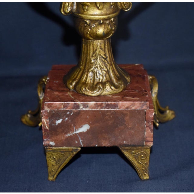 Antique French Rococo Metal Urn Vase Marble Base Mantle Garniture 19th C For Sale - Image 12 of 17