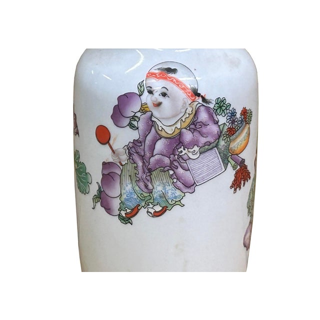 1980s Chinese White Base Color Baizi Graphic Porcelain Art Vase For Sale - Image 5 of 10