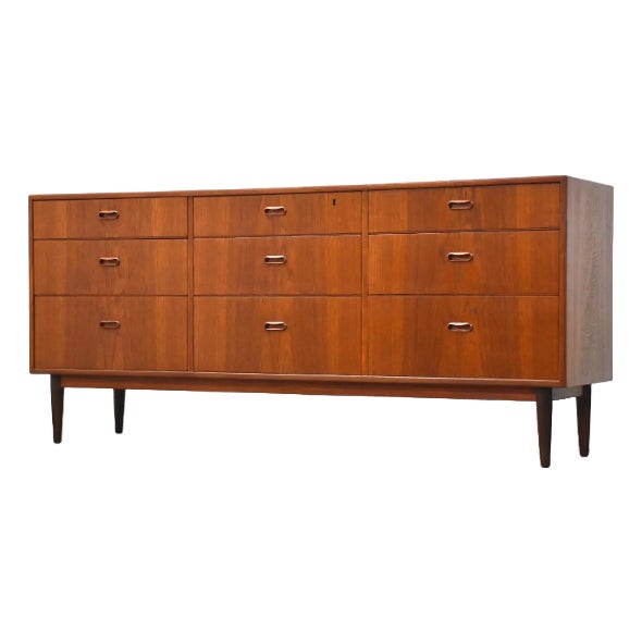 Large 1950s Danish Mid-Century Modern Teak 9-Drawer Lowboy Dresser – 72" For Sale