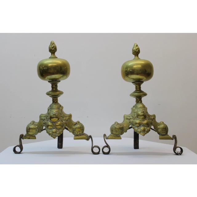 Metal European Engraved Brass Andirons For Sale - Image 7 of 7