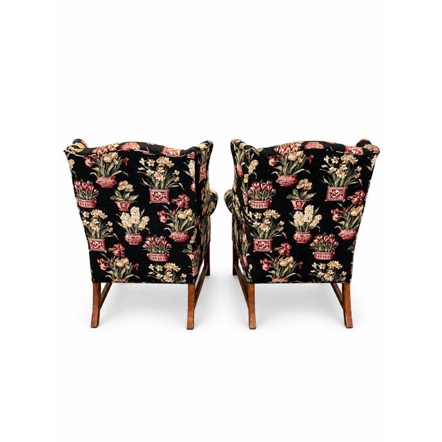 Late 20th Century Black Floral Chinoiserie Wingback Armchairs — A Pair For Sale - Image 4 of 16
