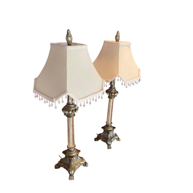 Regency Style Table Lamps with Neoclassical Bases, Paw Feet and Cream Fabric Shades with Beaded Fringe, 1980, Set of 2 For Sale - Image 9 of 10
