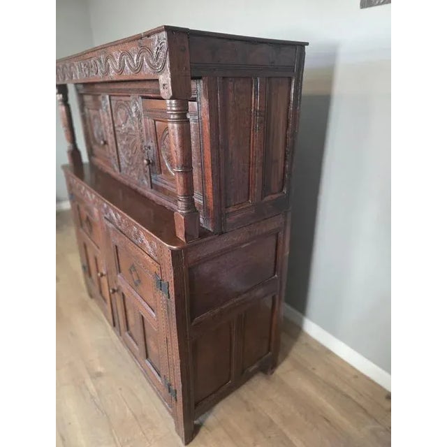 Antique Oak Inlaid Court Cupboard For Sale - Image 6 of 11