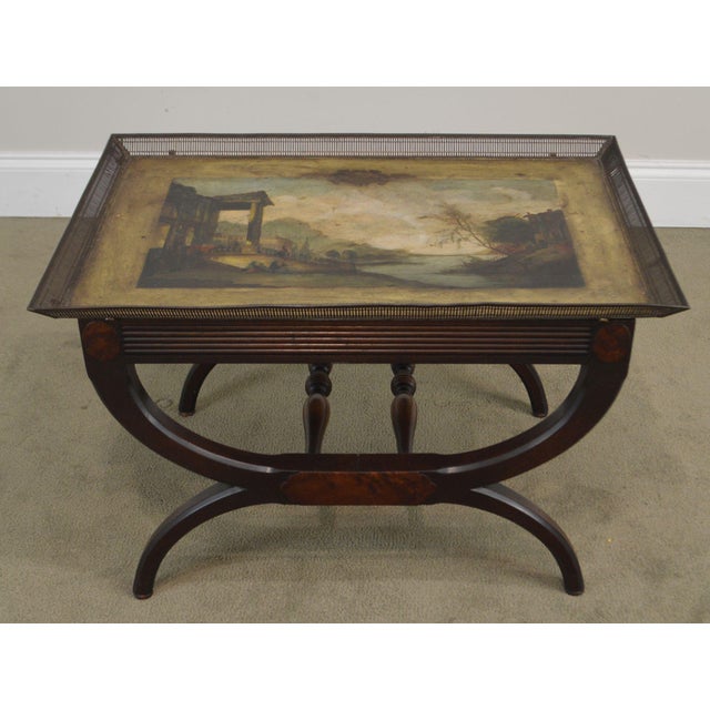 French Regency Antique Tole Painted Tray Top X Base Coffee Table