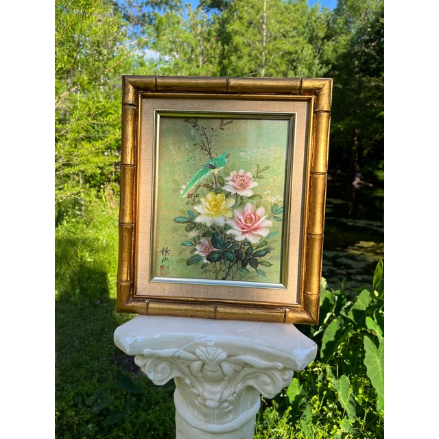 Original Asian watercolor Florals and birds concept Hand painted and signed Bamboo Design Frame Cork Print 1970-1980