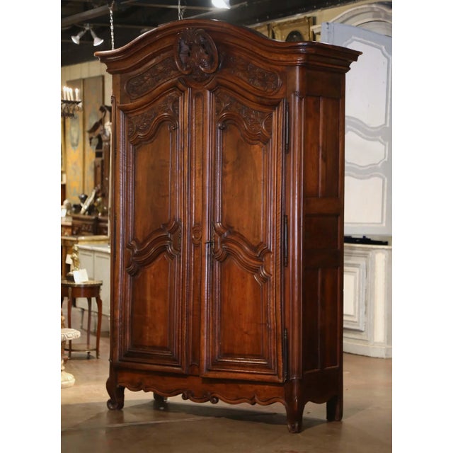 Mid 18th Century 18th Century French Louis XV Carved Walnut Armoire Lyonnaise With Floral Motifs For Sale - Image 5 of 12