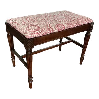 Antique Carved Mahogany Bench With Fluted Legs - Newly Upholstered in Covington “Vintage Red” Fabric For Sale
