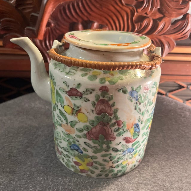 White Antique Famille Rose Porcelain Tea Pot With Insulated Wicker Basket For Sale - Image 8 of 13