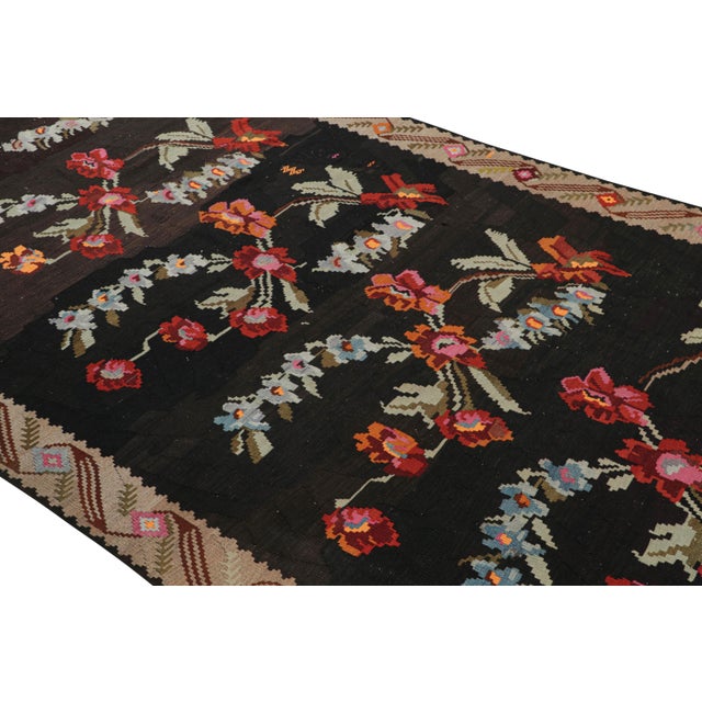 1950s Mid Century Bessarabian Kilim Black Beige Red Floral Turkish Flat Weave Rug For Sale - Image 5 of 7