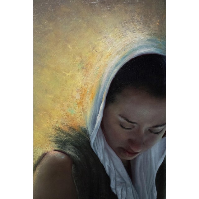 Contemporary Invocation by Christopher Remmers | Oil on linen of a woman kneeling with a glowing orb in her hands For Sale - Image 3 of 4