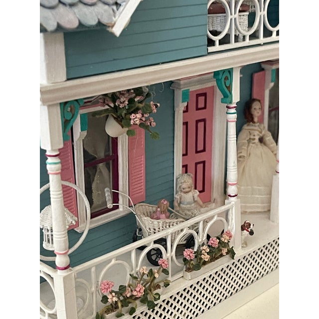 Wood 1960 Vintage Dollhouse Blue Cottage Handmade Furnished For Sale - Image 7 of 17