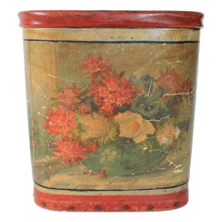 Antique Leather Wrapped Floral Wastebasket For Sale