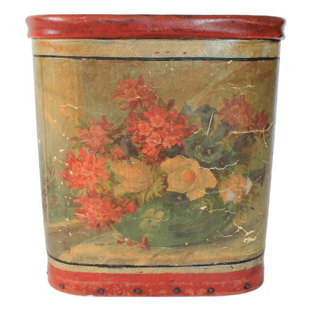 Antique Leather Wrapped Floral Wastebasket For Sale