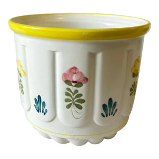 Vintage Hand Painted Pink and Citron Floral Cache Pot Planter For Sale