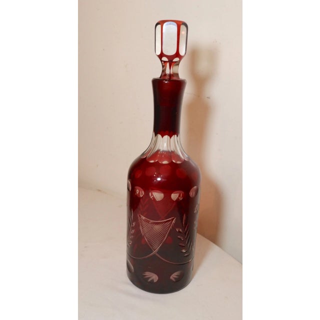 Large Antique Red Cut to Clear Czech Bohemian Crystal Glass Decanter Bottle For Sale - Image 4 of 12