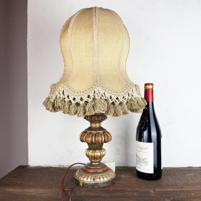 Cream Vintage Italian Silk Lampshade Carved Wood Table Lamp, 1980s For Sale - Image 8 of 16