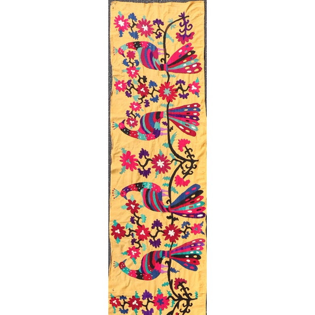 Measures: 2'0 x 13'4 Antique Uzbekistan Suzani Runner with Colorful Peacock and Botanical Design. Keivan Woven Arts /...