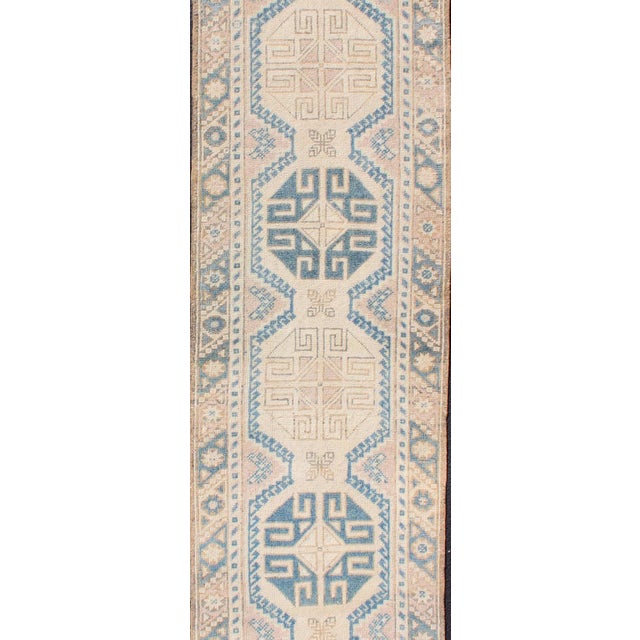 Vintage Turkish Oushak Runner in Soft Blue and Warm Beige Tones For Sale - Image 9 of 10