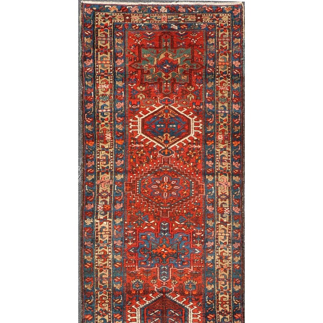 Antique Serapi Runner With Bold Geometric Medallions and Rich Tribal Design Motifs 3'3" X 14'0" For Sale - Image 4 of 13