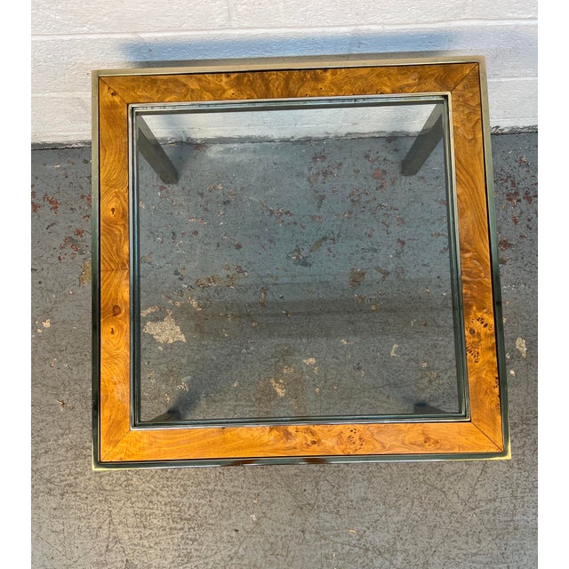 Glass Mid 20th Century Brass & Burl Accented Glass Side Table For Sale - Image 7 of 13