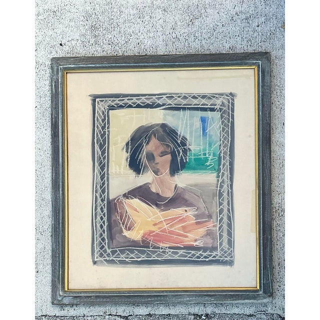 Vintage Mixed Media Portrait on Paper For Sale - Image 10 of 12