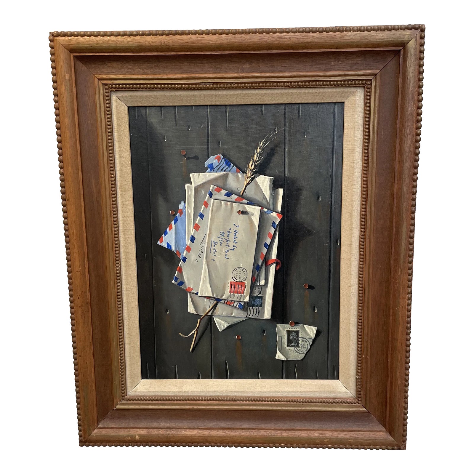 1970s Trompe L' Oeil Still Life Framed Painting Letters and Stamps
