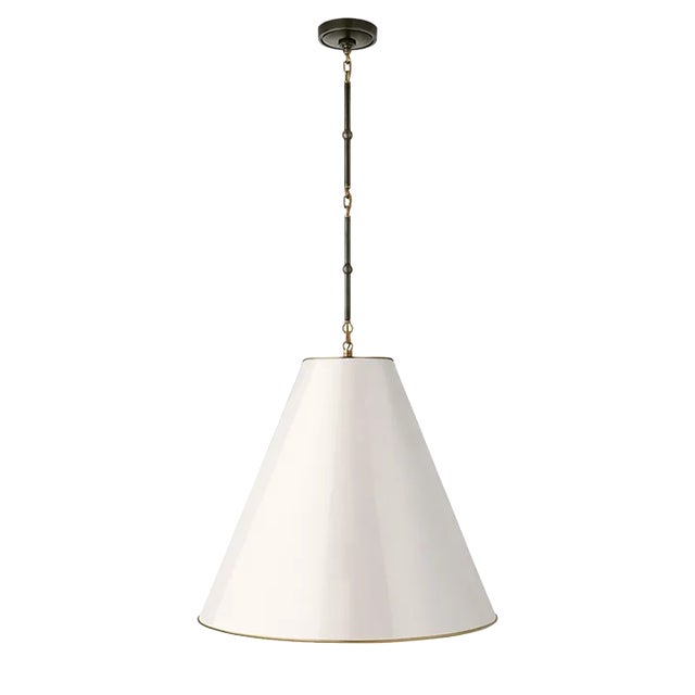 Thomas O'Brien for Visual Comfort Signature Goodman Large Hanging Lamp in Bronze & Hand-Rubbed Antique Brass with Antique White Shade For Sale