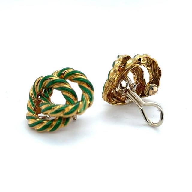 Modern late 20th Century 18k Yellow Gold Enamel Knot Earrings, A Pair For Sale - Image 3 of 3