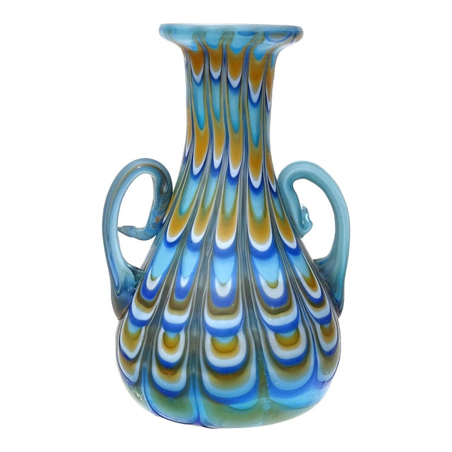 Murano Fratelli Toso Antique Fenicio Blue White Orange Pulled Feather Italian Art Glass Cabinet Vase For Sale