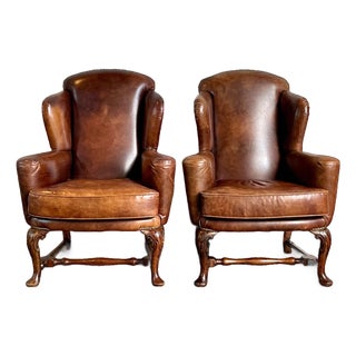 Vintage Italian Leather Wingback Chairs - A Pair For Sale