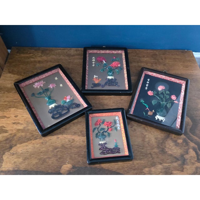 1950s Chinese Style Hardstone Floral Panels With Jade-Tone Carving, Set of 4 For Sale In New York - Image 6 of 18