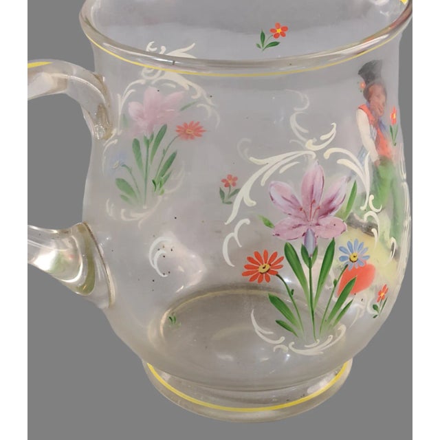 Victorian Antique Victorian Blown Glass Hand Painted Figural Floral Valentine Motif Water Pitcher For Sale - Image 3 of 9