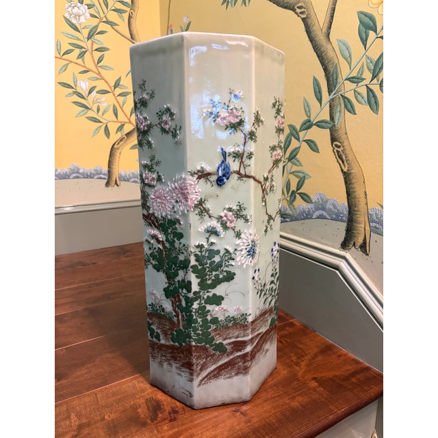 Late 19th Century Japanese Porcelain Celadon Hexagonal Umbrella Stand With Birds and Flowers For Sale In Philadelphia - Image 6 of 12