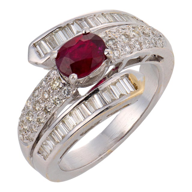 Vintage Ruby Diamond 18k White Gold Bypass Ring, Size 6.5 For Sale
