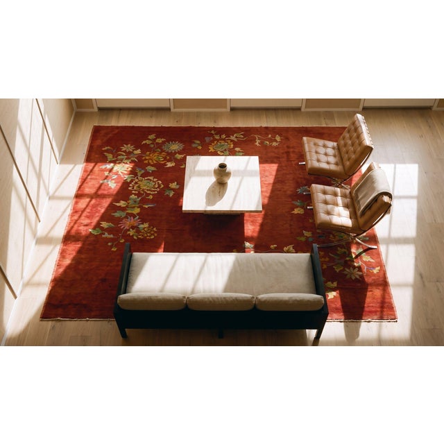 1930s Ruby Red Floral Antique Chinese Art Deco Carpet 6' X 8' 6'' Knotted Pile Wool Rug For Sale - Image 12 of 14