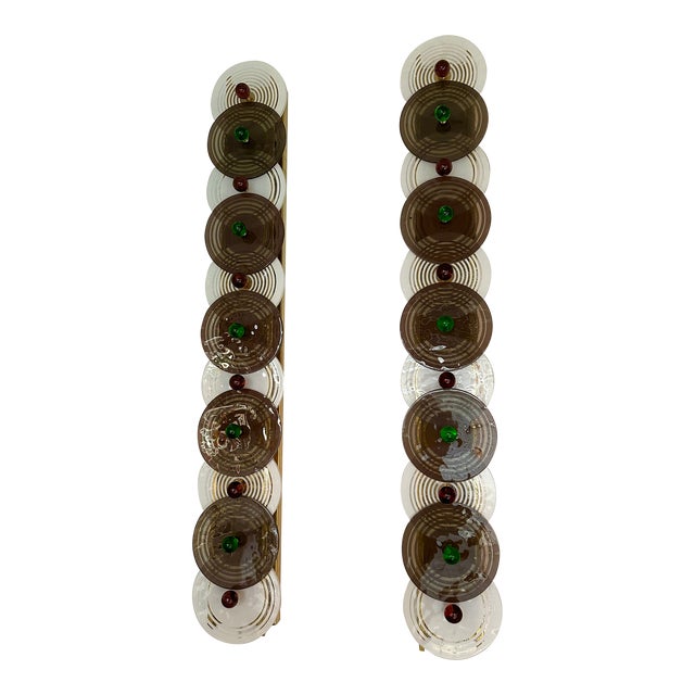 Large Contemporary Pair of Brass and Circle Disc Murano Glass Sconces, Italy For Sale