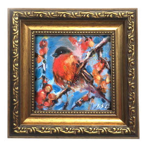 Framed Bullfinch Bird Original Painting Vintage Style by Valeriya Serova