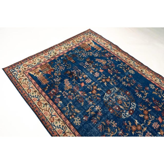 Terra Cotta Vintage Blue Chinese Peking-Style Floral Pagoda Rug For Sale - Image 8 of 11