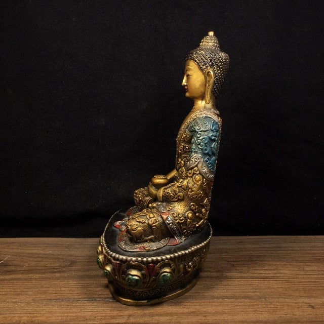 Metal Vintage Gilt Brass Shakyamuni Buddha Statue With Polychrome Robe & Lotus Base For Sale - Image 7 of 9