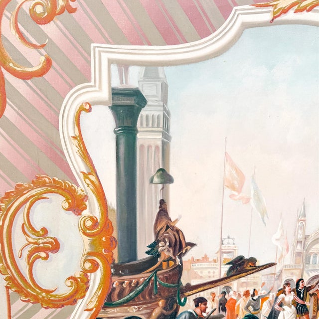 Wood Late 20th Century Large Scale Framed Venetian Canal Scene Neoclassical Architectural Mural Style Painting on Board For Sale - Image 7 of 10