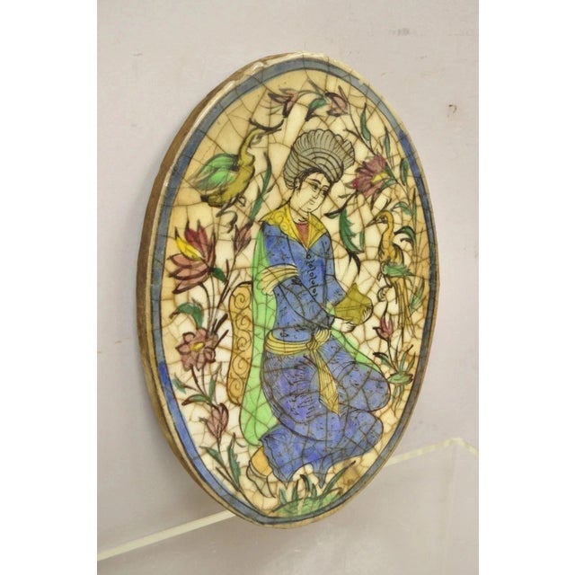 Antique Persian Iznik Qajar Style Ceramic Pottery Oval Tile Blue Figure Birds C3 For Sale - Image 10 of 10