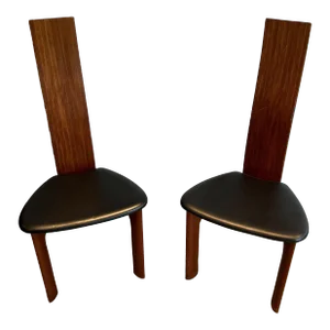 Exotic Wood and Black Leather Chairs, Scandinavian Work. Circa 1970 - a Pair