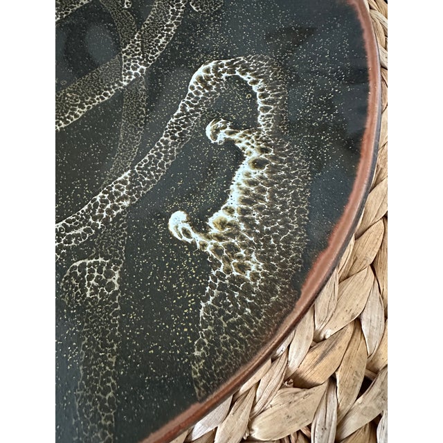 Vintage 1970’s 13” Signed Handmade Glazed Concave Shallow Bowl in Olive, Brown, Deep Terracotta & Off White For Sale - Image 9 of 16