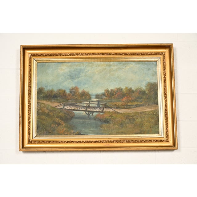 A beautiful original oil painting on canvas of a rural landscape with a small wooden footbridge crossing a narrow stream...