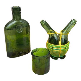 Set of 3 Green Glass Bottles and Candle Holder, 1970s For Sale